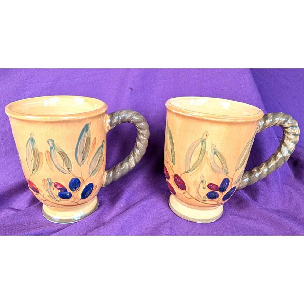 Gibson BISTRO ITALIA 2 Mugs Olive Branch Rope Handles Hand Painted 16oz